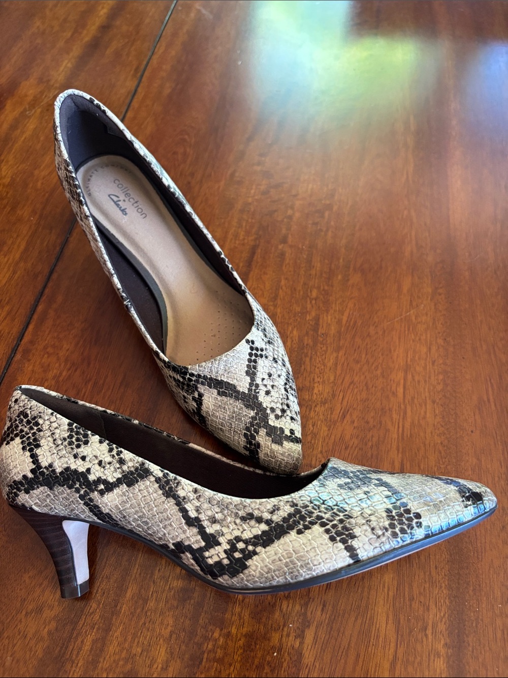 Clarks Snake-Print Pointed Kitten Heels in Gray and Black